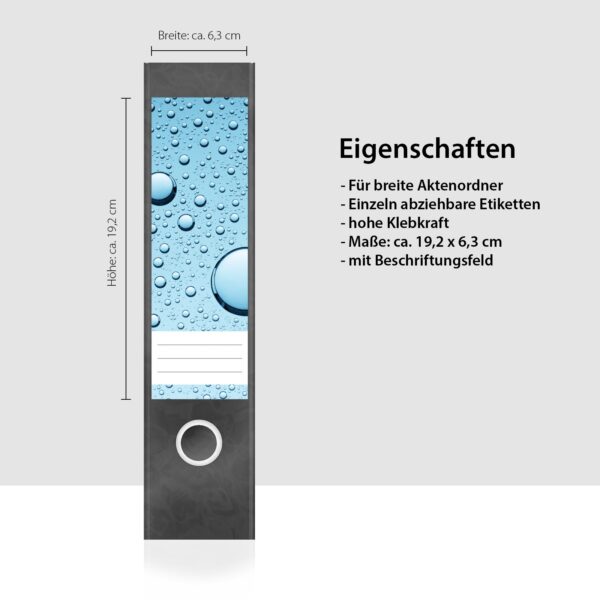 Etiketten für Ordner | Wasser auf Glas | 4 breite Aufkleber für Ordnerrücken | Selbstklebende Design Ordneretiketten Rückenschilder