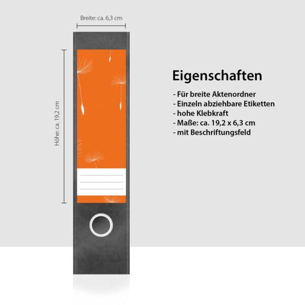 Etiketten für Ordner | Pusteblumen Orange | 4 breite Aufkleber für Ordnerrücken | Selbstklebende Design Ordneretiketten Rückenschilder